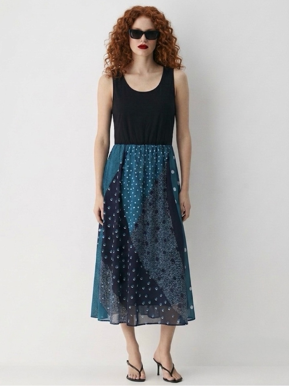 DKNY NEW T Shirt Chiffon Patch Polka Dot XL Maxi BlueBlack Dress ColorBlock Midi